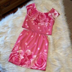 Datura jfashion gyaru brand pink floral top and skirt set